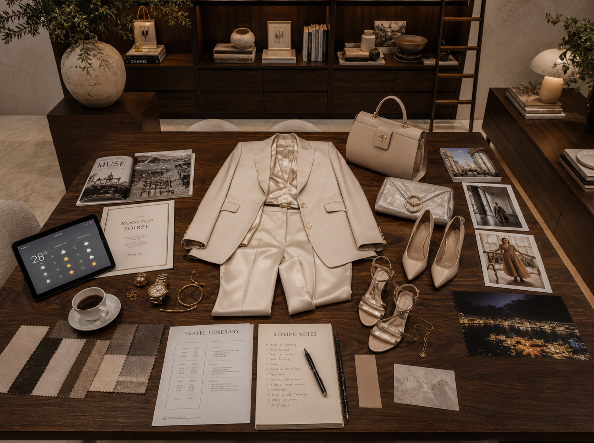 A stylist workspace analyzing proportion, color, occasion, and wardrobe options