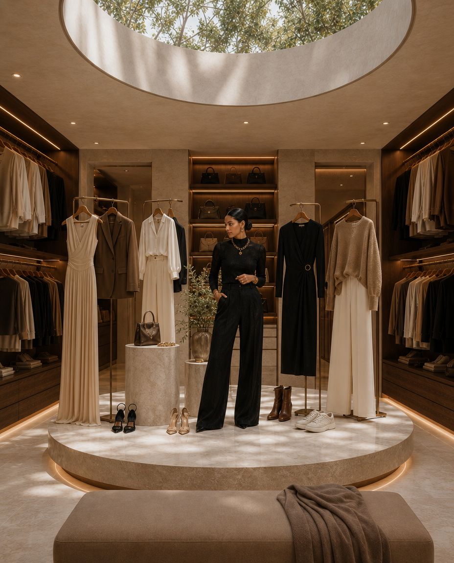 A refined personal styling editorial representing individualized fashion guidance